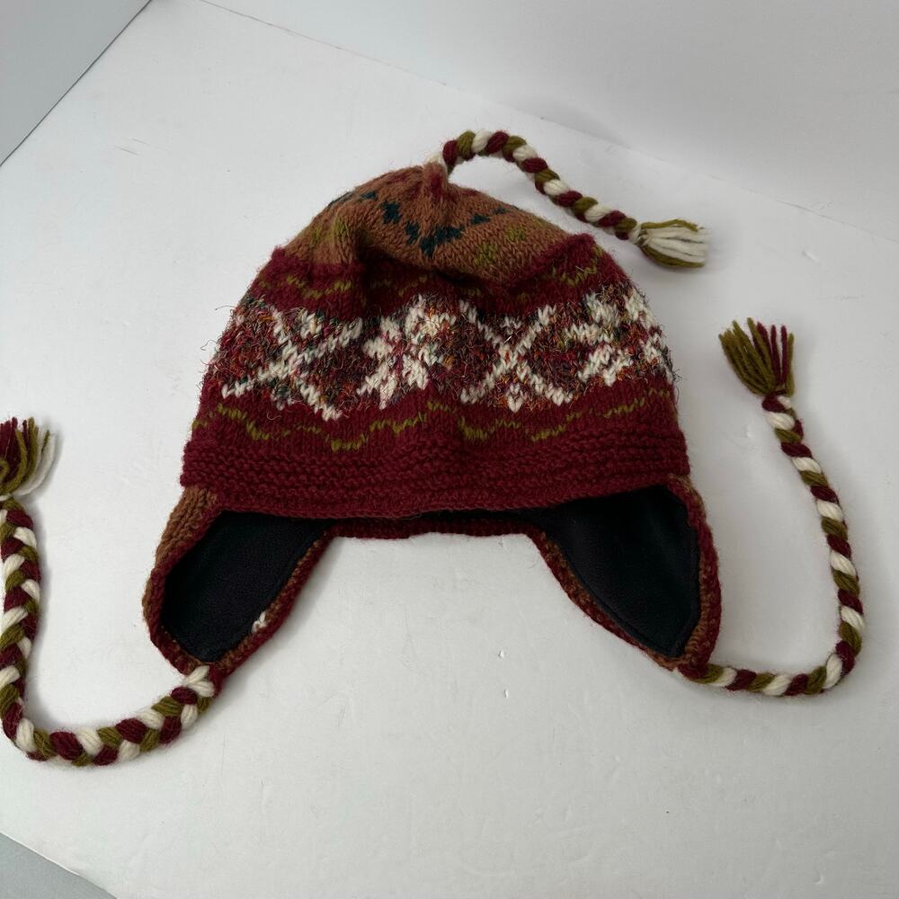 Rising Tide Wool Silk Trapper Hat Fair Isle Fleece Lined Braided Ties Nepal